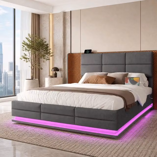 Letto matrimoniale MODFU in velluto grigio con base a contenitore, illuminazione LED e porta USB, L/P/H: 140 x 200 x 142 cm