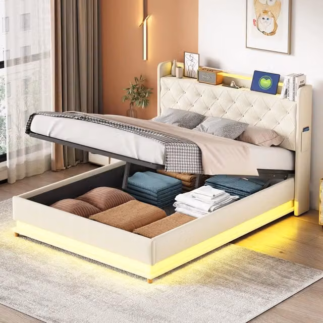 Letto Imbottito 140x200 cm in Lino Beige con Contenitore Idraulico e Luci LED
