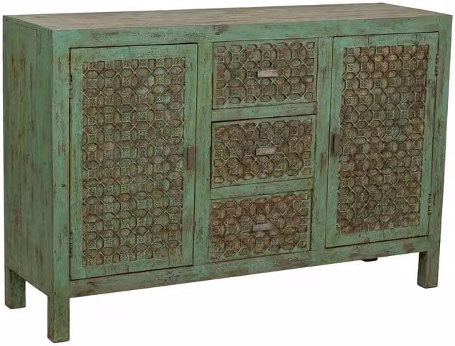 Credenza boho chic in legno di mango e metallo WANDERLUST DECO verde, L: 135 cm, P: 40 cm, H: 90 cm