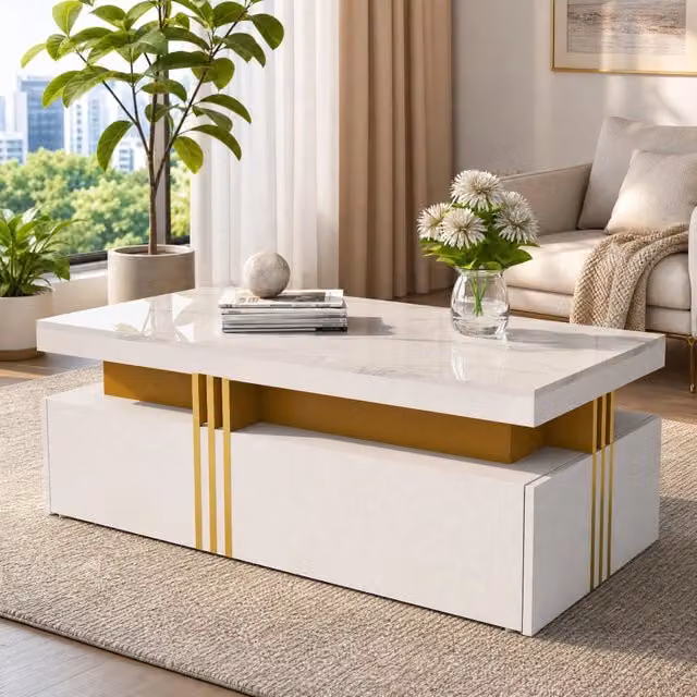 Tavolino da caffè 100x50x40 cm bianco, 2 cassetti, piano effetto marmo, legno e metallo