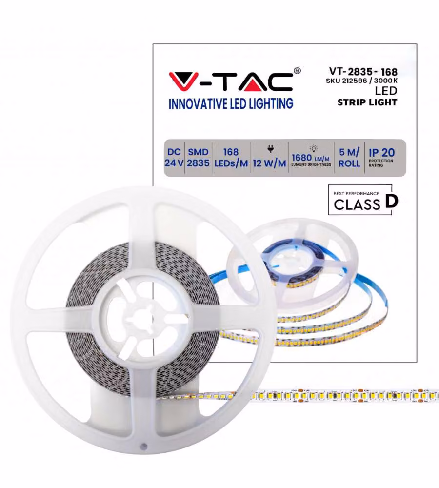 Strip LED SMD2835 12W/m 5m 168 LED/m 140LM/W 24V 3000K IP20 10mm