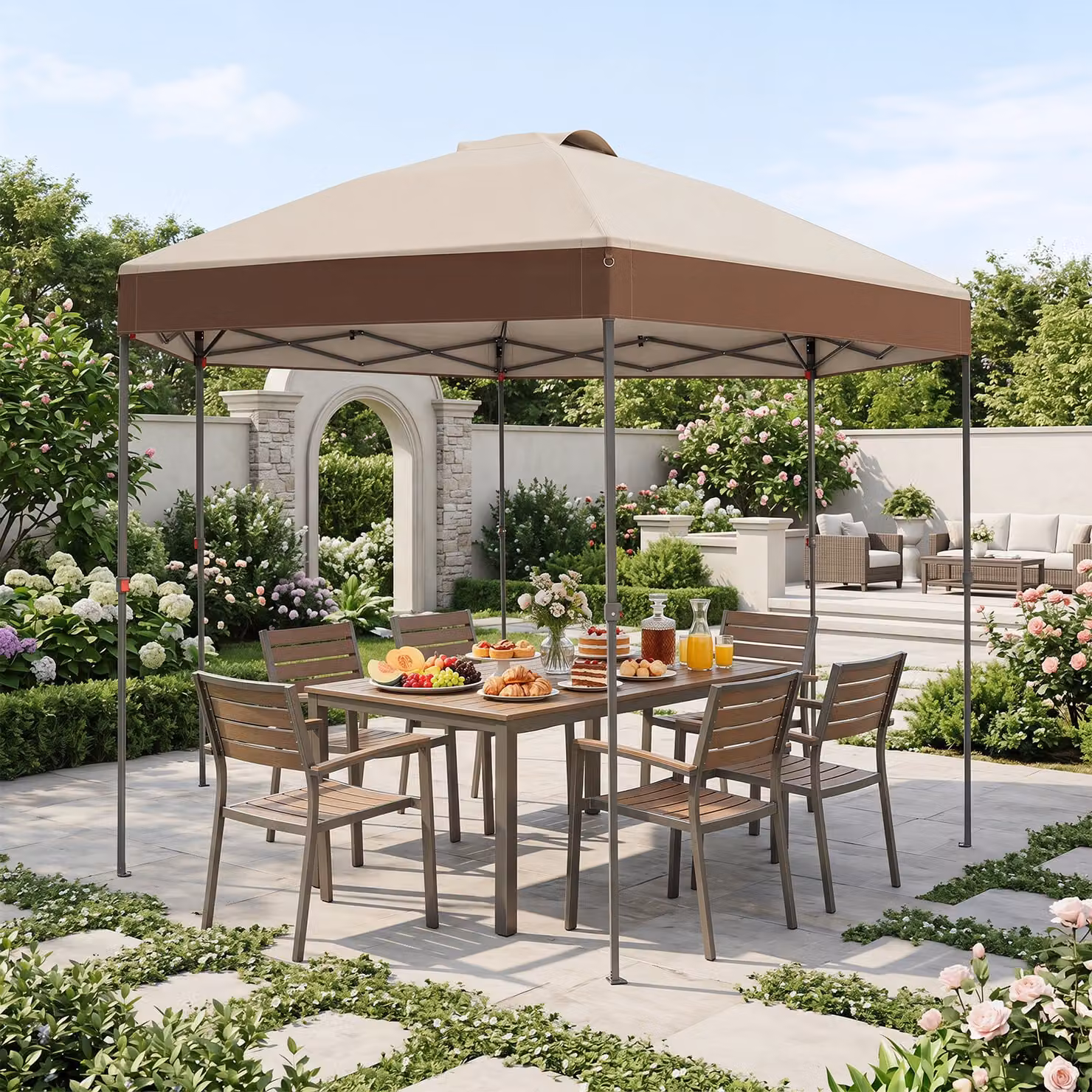 Gazebo da giardino pieghevole Costway con altezza regolabile, picchetti e corde, Marrone, 360 x 360 cm