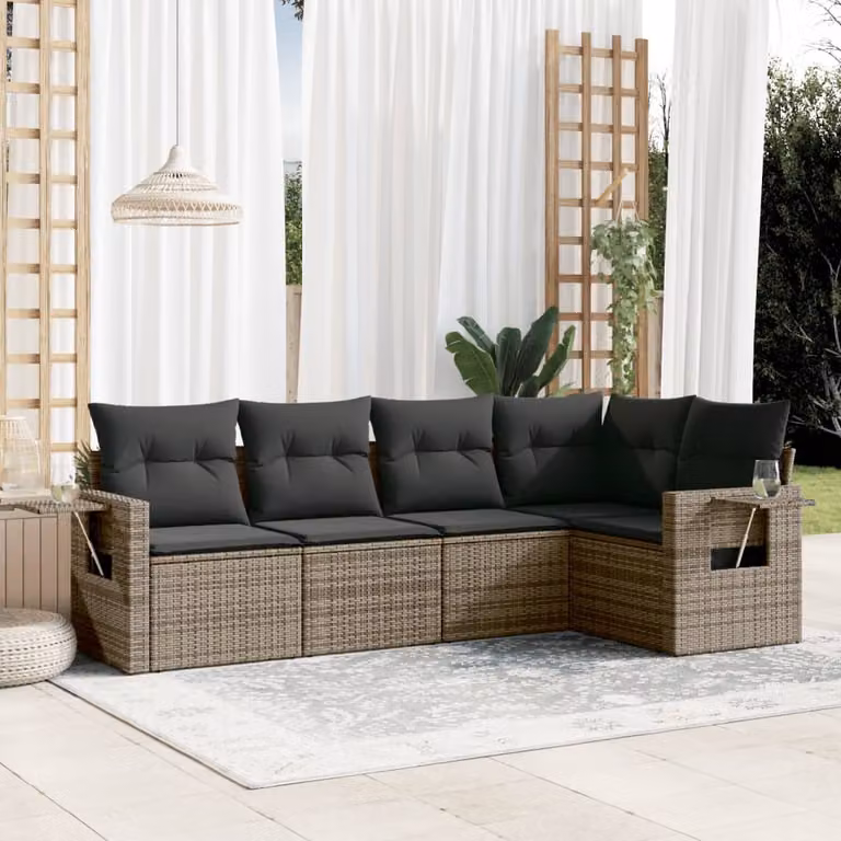 vidaXL Set Divano da Giardino 5 pz a L in Polyrattan Grigio con Cuscini e Tavolino