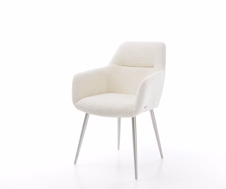 DELIFE Sedia da pranzo Pejo-Flex, rivestita in tessuto bouclé bianco, con struttura a 4 gambe coniche in acciaio inossidabile e imbottitura a molle insacchettate