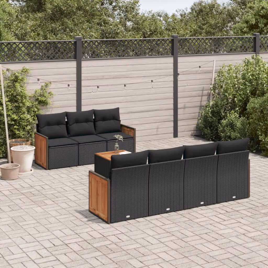 Set Divani da Giardino vidaXL in Polyrattan Nero con 8 Cuscini e Tavolino da Esterno – 1