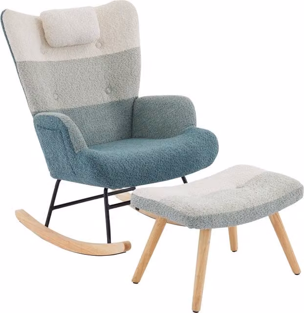 Poltrona a dondolo in tessuto bouclé con design patchwork a righe multicolore, schienale alto, braccioli e pouf incluso per il tuo relax in soggiorno o camera da letto – 1