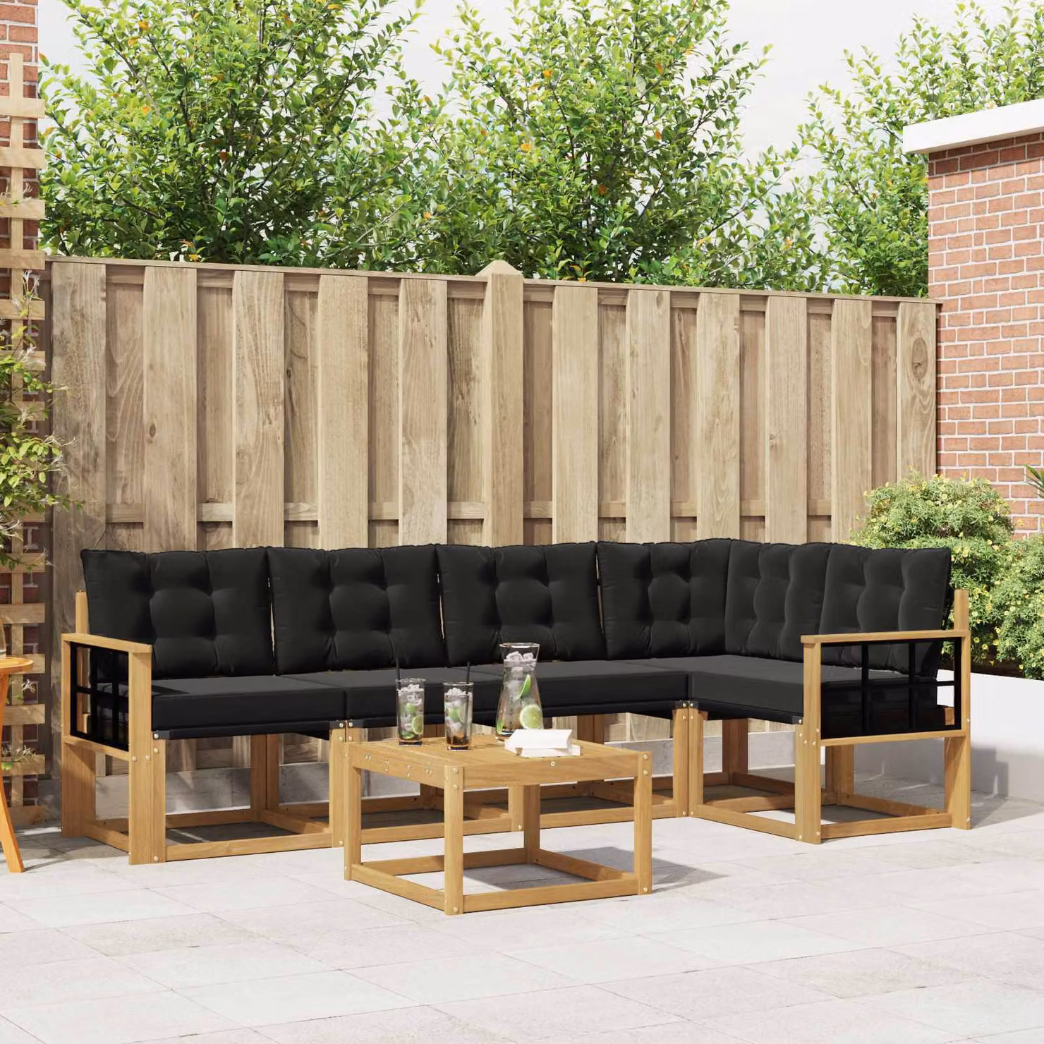 Set di divani da esterno vidaXL a forma di L composto da 6 pezzi con tavolo da caffè, in legno di acacia trattato e tessuto textilene, colori bianco, nero e marrone