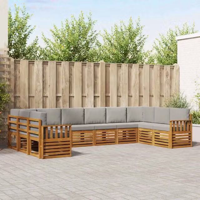 Set di divani da esterno a L vidaXL in legno di acacia con cuscini grigi – 1