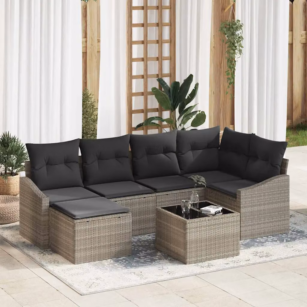Set da pranzo per giardino e terrazzo vidaXL in polyrattan con 7 pezzi, colore grigio chiaro – 1