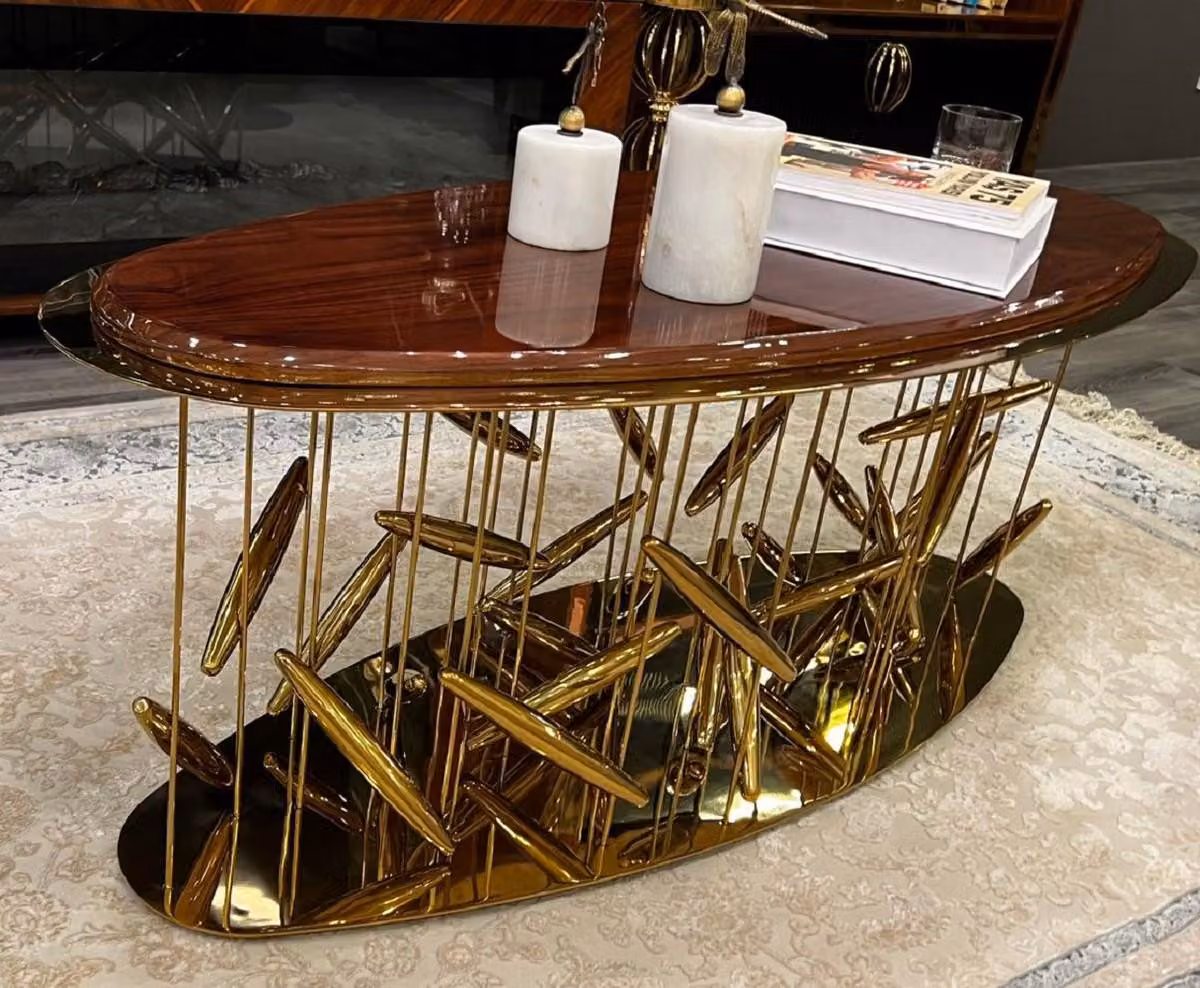 Tavolino Casa Padrino marrone/oro 120 x 51 x h. 47 cm - Tavolo da salotto ovale in acciaio inox con piano in legno massiccio - Mobili da salotto - Mobili per hotel - Mobili