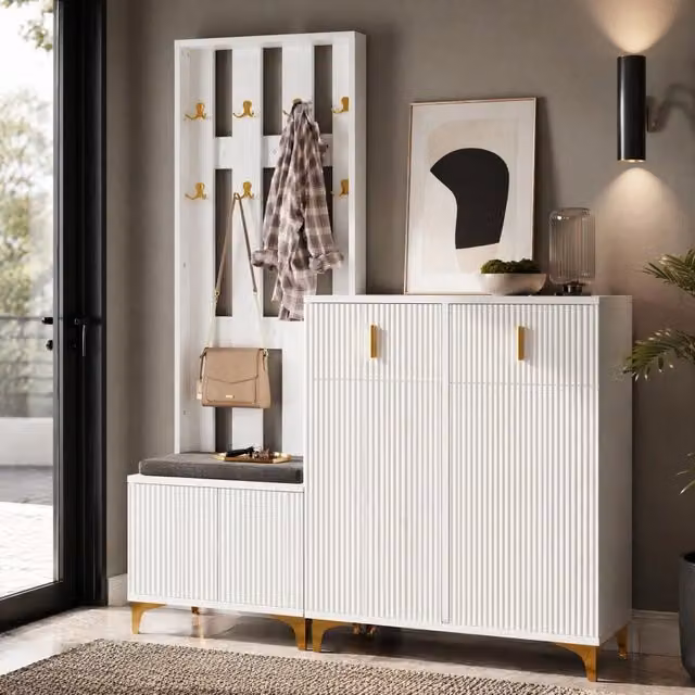 Set ingresso con mobile scarpe; 2 cassetti; 2 ante e appendiabiti; bianco