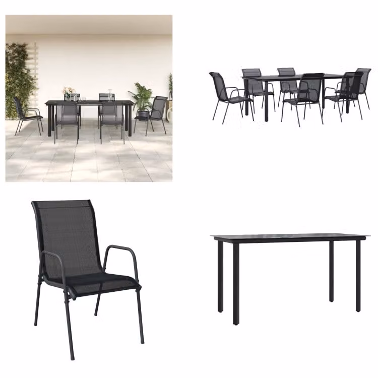 vidaXL set da pranzo da giardino 7 pezzi acciaio nero e textilene - set da pranzo da giardino - gruppo di sedute da giardino - gruppo di sedute da esterno - tavolo da giardino