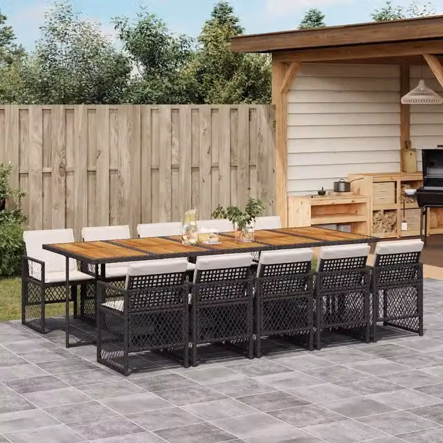Set da pranzo da giardino vidaXL in legno di acacia e polyrattan con 11 pezzi, colori nero e bianco – 1