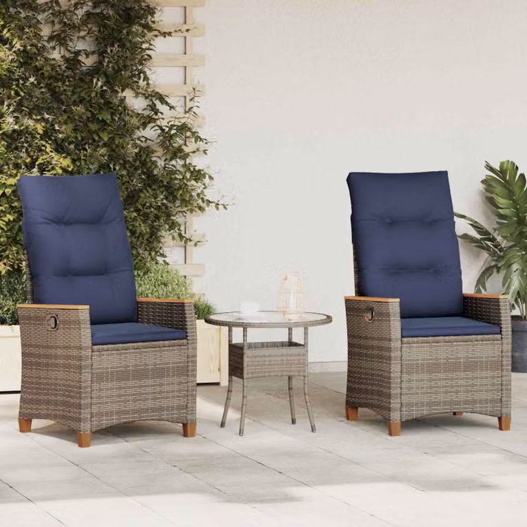 Set di 2 sedie da giardino reclinabili vidaXL in rattan e legno di acacia, colori grigio e blu navy