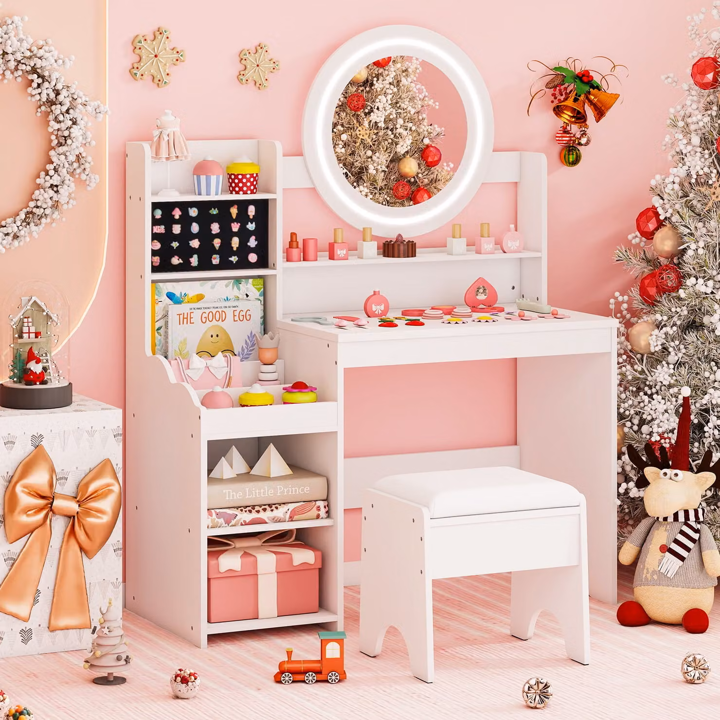 Costway Scrivania da trucco per bambini con specchio Hollywood LED e sgabello imbottito, Bianco