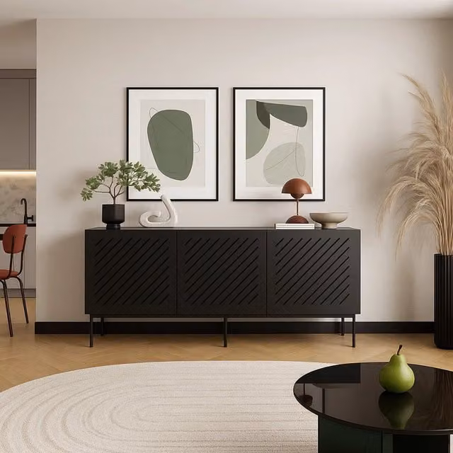 Madia Stilo DMORA con un ripiano e ante a battente, Nero Opaco, L: 150.5 cm, P: 42 cm, H: 75 cm