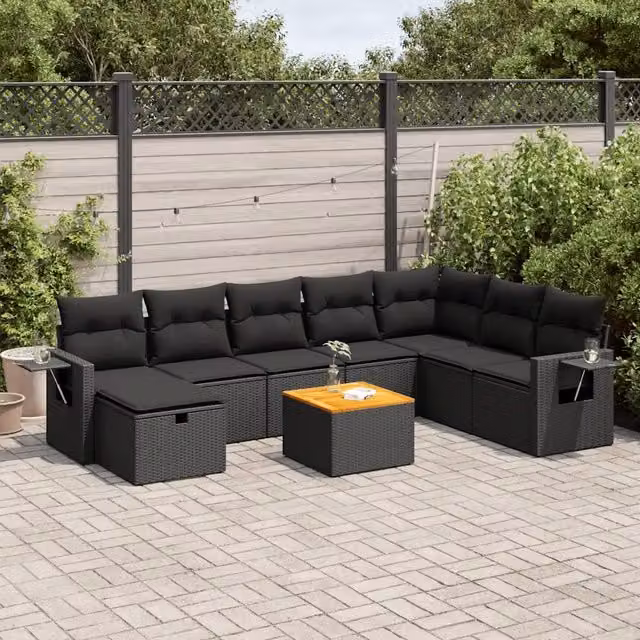 Set Divani da Giardino 9 pz con Cuscini Nero in Polyrattan 3325828