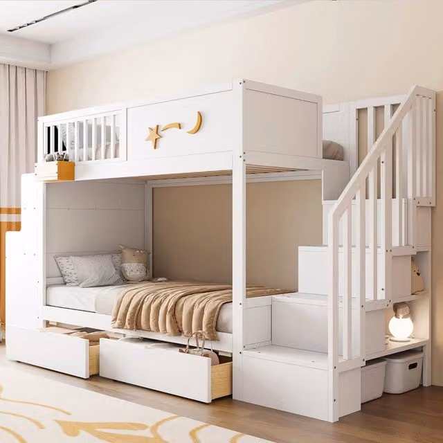 Letto a castello per bambini con scala, scrivania e cassetti, 90x200 cm, bianco