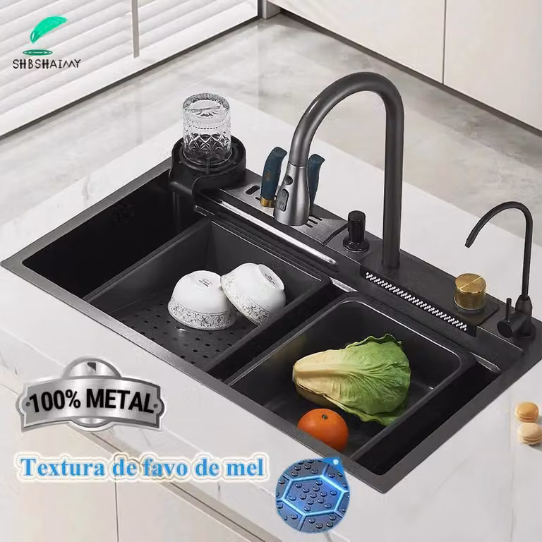 Lavello da cucina 60x45 cm - Frontale a grembiule, vasca singola - Acciaio inossidabile 304 - Rubinetto estraibile - Portabicchieri, dispenser di sapone, portacoltelli - Grigio canna di fucile