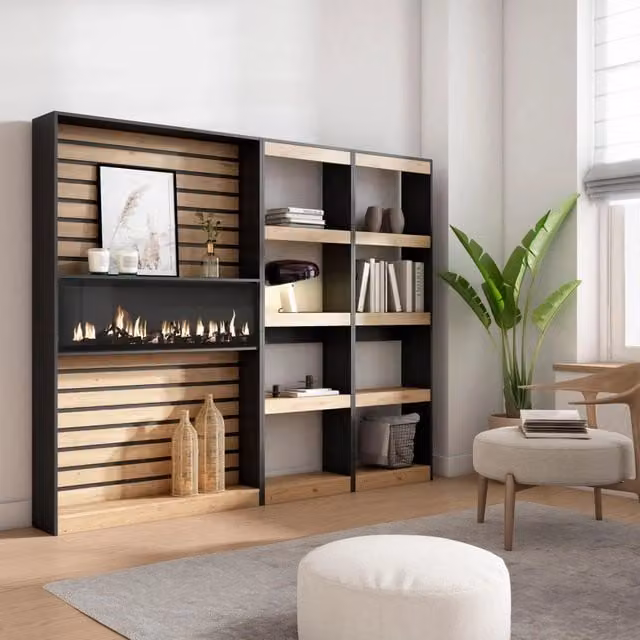 Libreria con camino elettrico SKRAUT HOME per soggiorno o ufficio, colore Rovere e nero, L: 230 cm, P: 25 cm, H: 186 cm