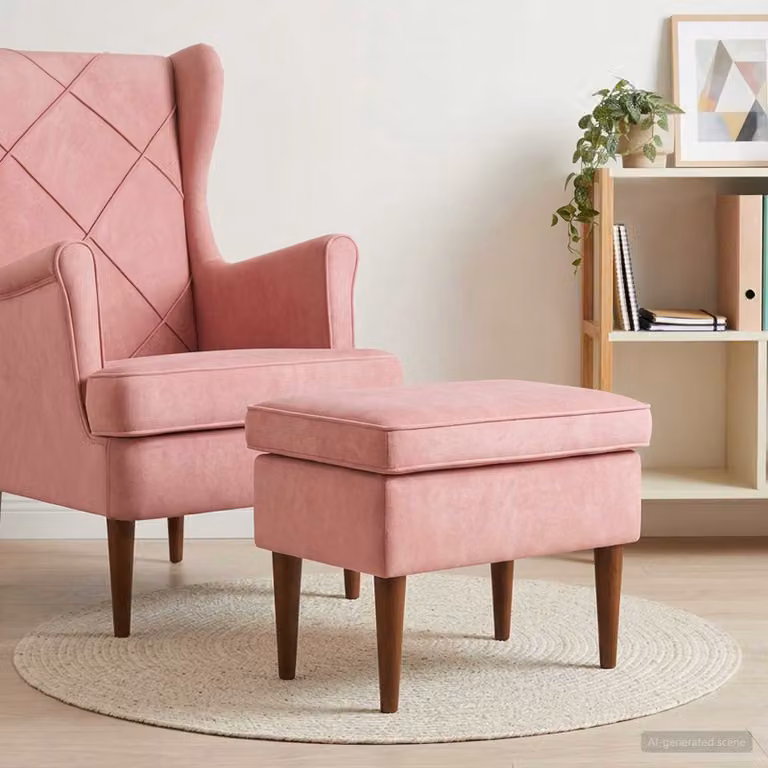 Poggiapiedi vidaXL in velluto rosa con struttura in legno, L 55 x P 35 x H 41 cm