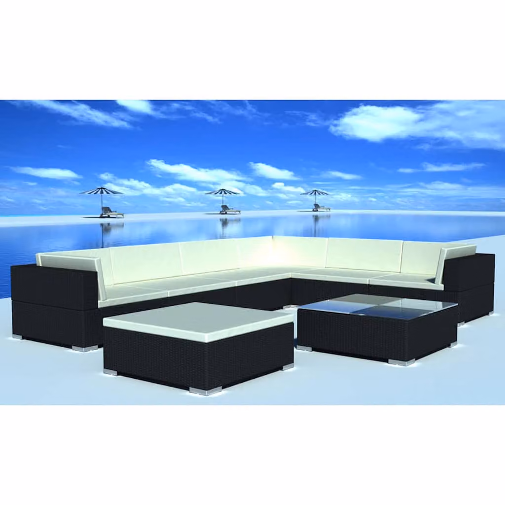 Set Mobili da Giardino vidaXL a Forma di L con Cuscini e Tavolino, Polyrattan e Metallo, Nero e Bianco