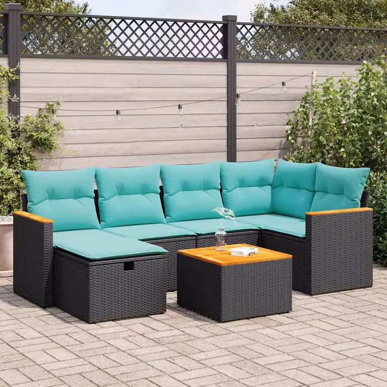 Set Divano da Giardino a L con Cuscini vidaXL in Polyrattan Nero con Tavolino e Ottoman
