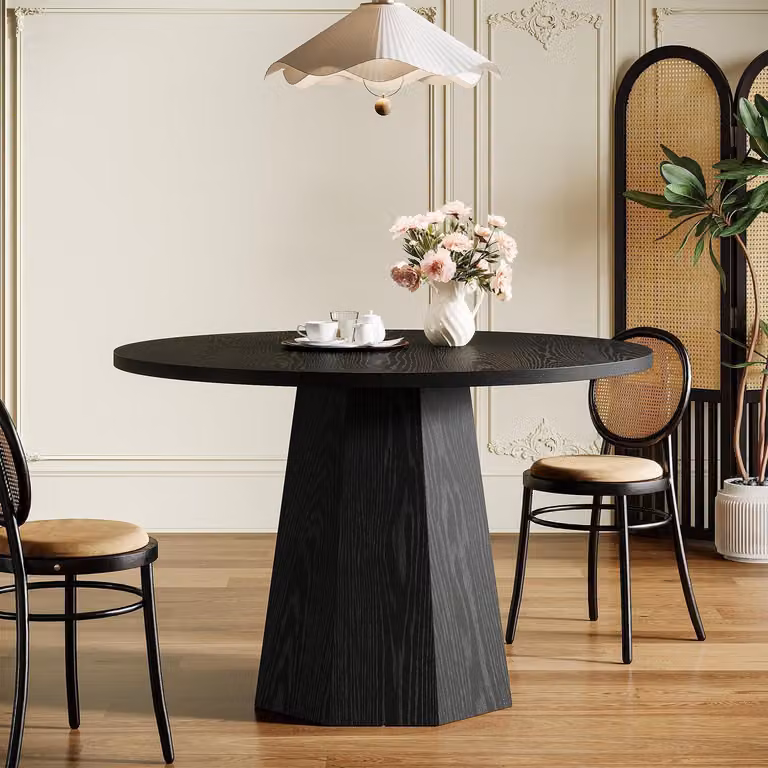 Tavolo rotondo da pranzo, diametro 118 cm, nero, per 4 persone, con base