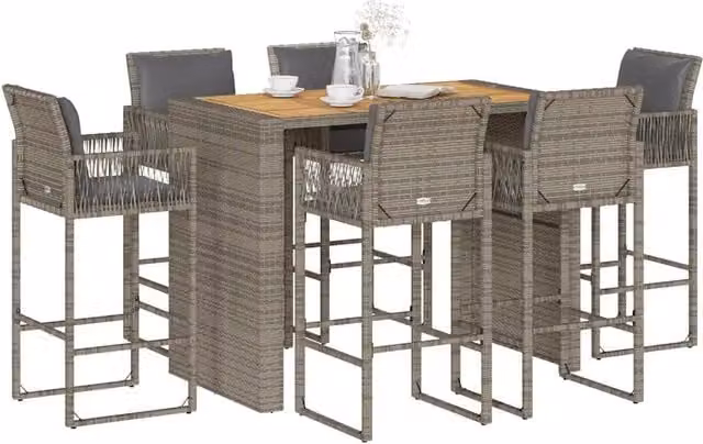 Set Bar da Giardino vidaXL in Polyrattan e Legno di Acacia con Cuscini Grigio, 7 Pezzi – 1