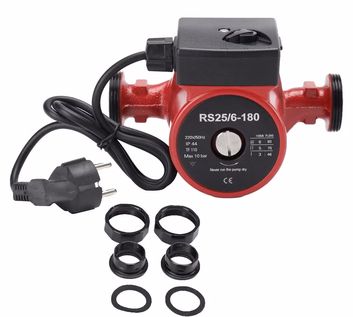 Pompa di circolazione, potenza 95W, portata 56 litri/minuto, altezza massima di pompaggio 6 metri, tensione 220V, grado di protezione IP44 (resistente all'acqua)