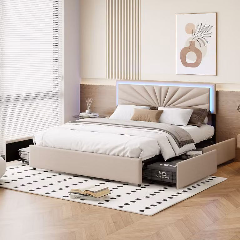 Letto imbottito 160x200cm con LED e testata regolabile in altezza, letto matrimoniale con rete a doghe e 4 cassetti, letto contenitore per biancheria, beige