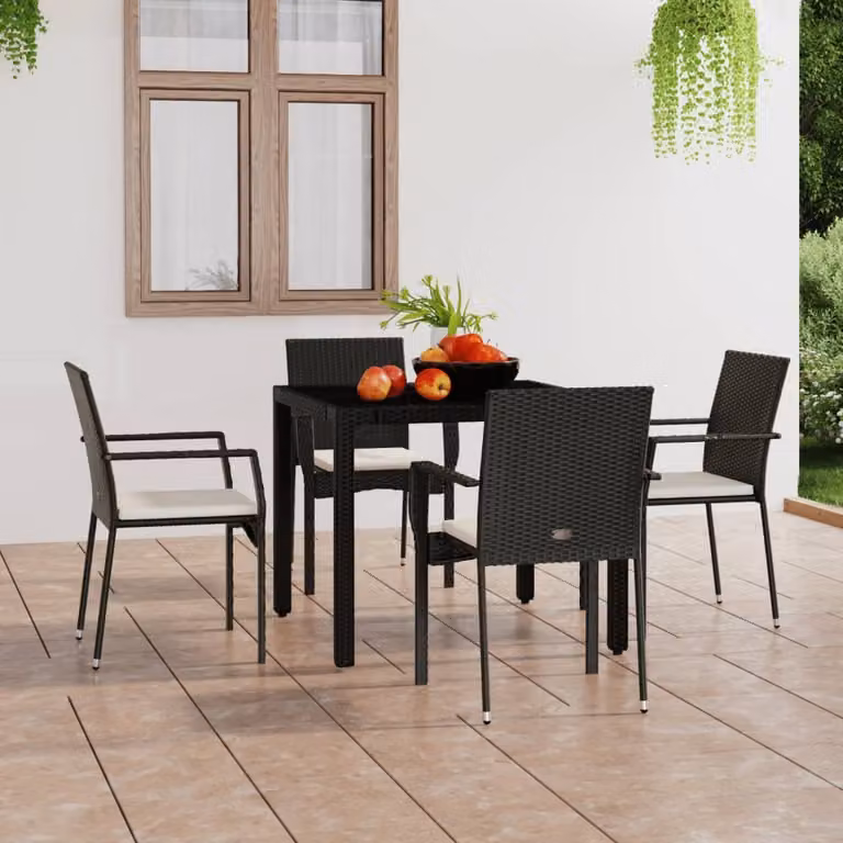 Set di 4 sedie da giardino vidaXL in polyrattan con cuscini neri e bianchi e braccioli