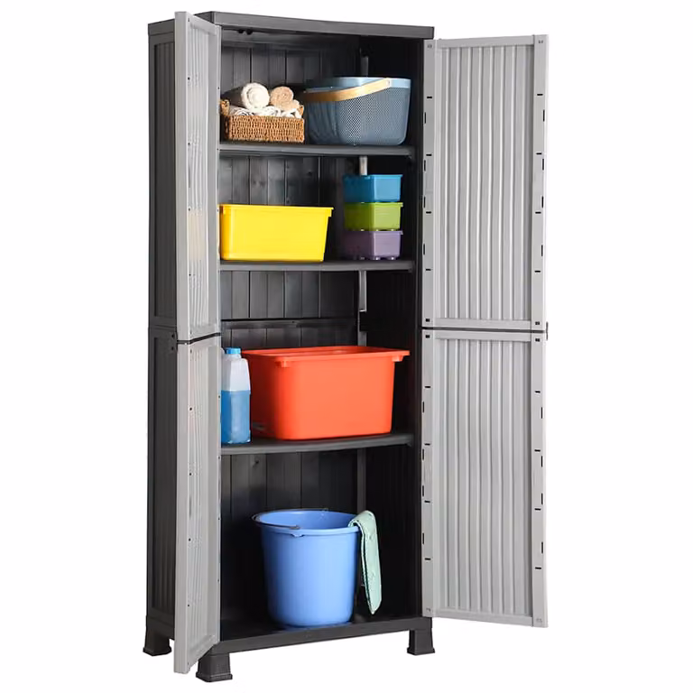 Armadietto da parete vidaXL in plastica grigia con ante a battente e serratura, L: 68 cm, P: 39 cm, H: 171,5 cm