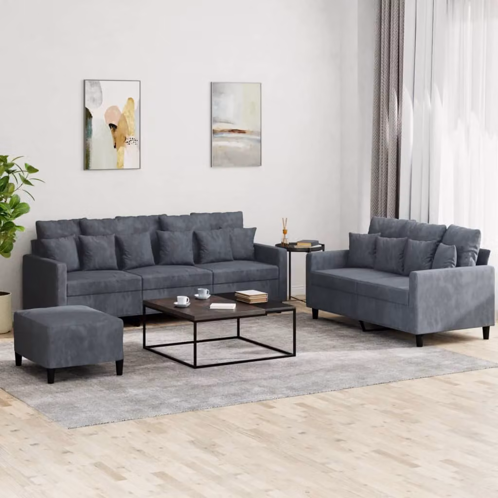 vidaXL Set di Divani 3 pz in Velluto Grigio con Pouf e Cuscini – 1