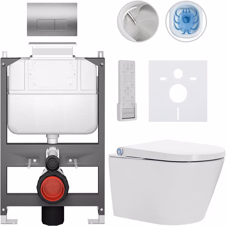 Water WC sospeso con bidet Basic/Cronus Premium - bianco lucido - pulsante WC Modulo/Argento - azionamento superiore - installazione a parete - 59,3x38,4 cm