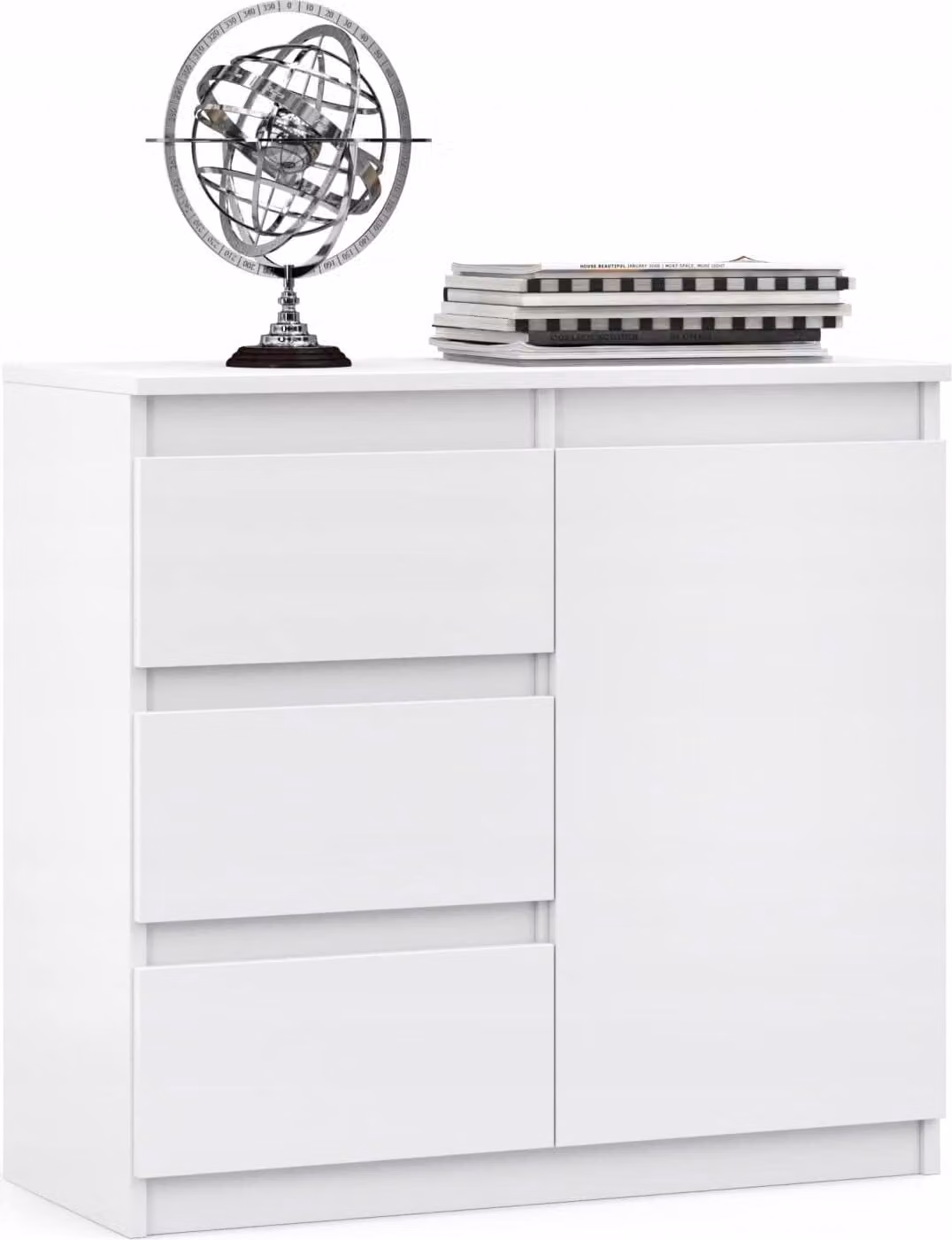 VBChome Comò con 3 cassetti e 1 anta 80 x 35 x 75 cm Bianco Comò senza maniglie Armadio multiuso per corridoio Camera da letto Soggiorno Camera dei bambini