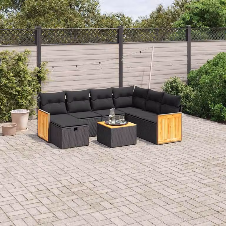 vidaXL Set Divani da Giardino a L con Cuscini 8 pz Nero in Polyrattan e Acciaio