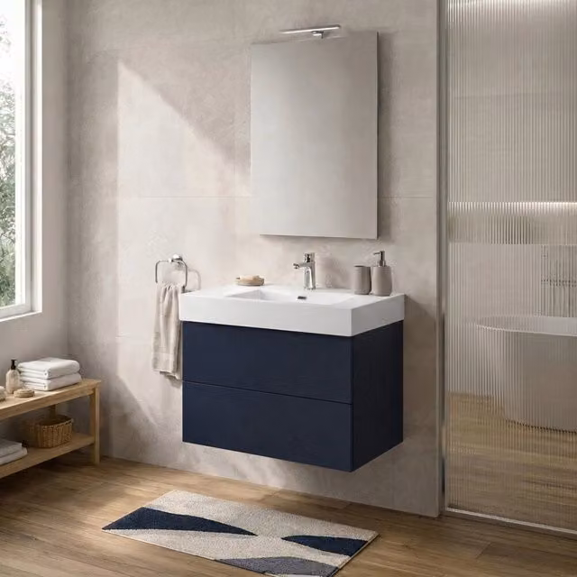 Mobile bagno sospeso INBAGNO Tierra blu con due cassetti push-pull e lavabo in resina L: 70 cm, P: 50 cm, H: 45 cm