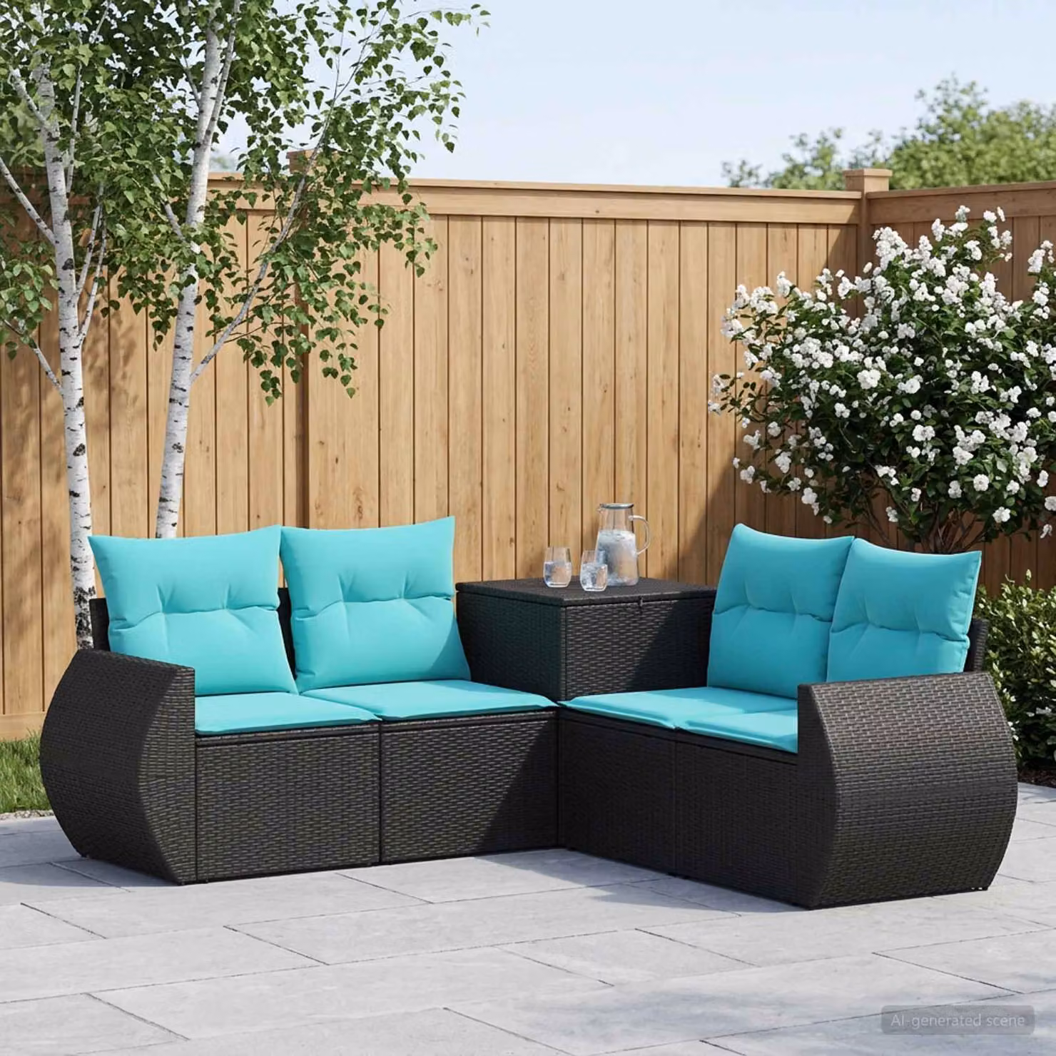 Set di divani da giardino vidaXL a forma di L con cuscini in tessuto, colore nero e blu turchese, in polyrattan e metallo
