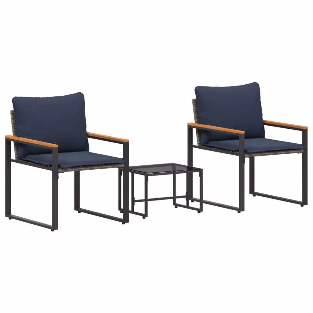 Set di mobili da giardino vidaXL in rattan e legno di acacia con piano in vetro, 3 pezzi, Grigio e Blu – 2