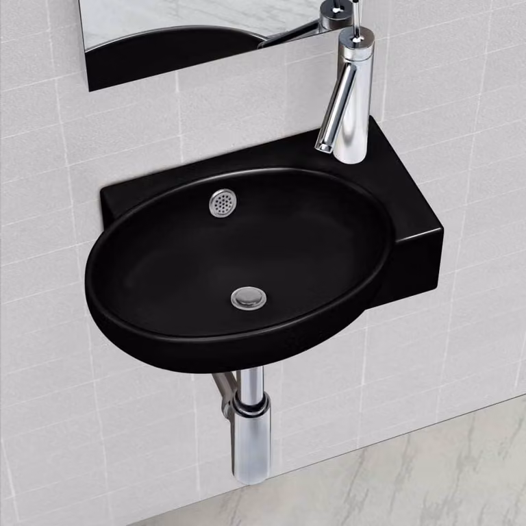 The Living Store Lavabo in Vetroceramica con foro per rubinetto/trabocco Nero Round