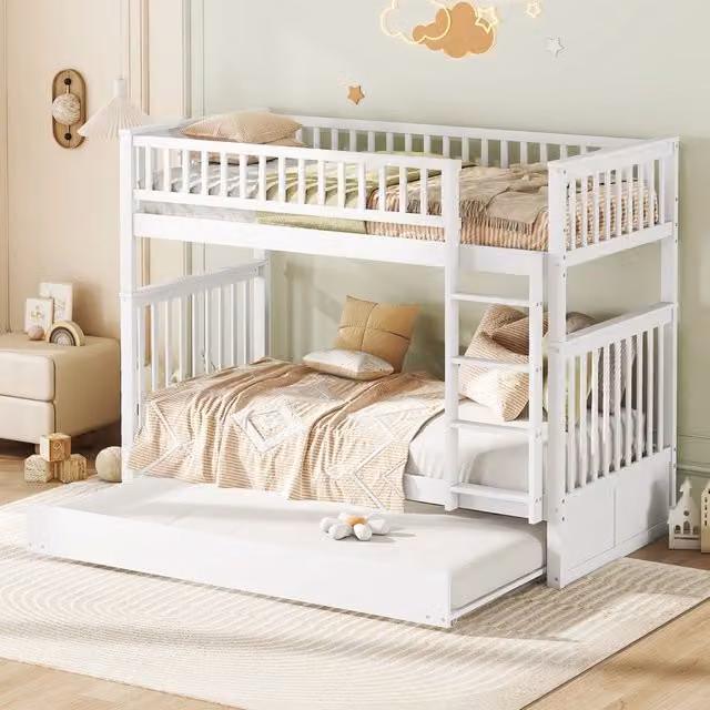 Letto a castello a 3 posti 90 × 200 cm e 90 × 190 cm con letto estraibile, senza materasso, pino bianco