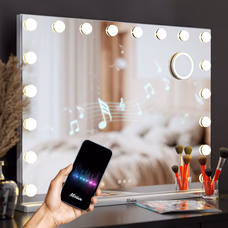 Specchio da trucco Mirlux Hollywood con illuminazione a LED - Altoparlante Bluetooth - Zoom 10x - Bianco - 80x60 cm