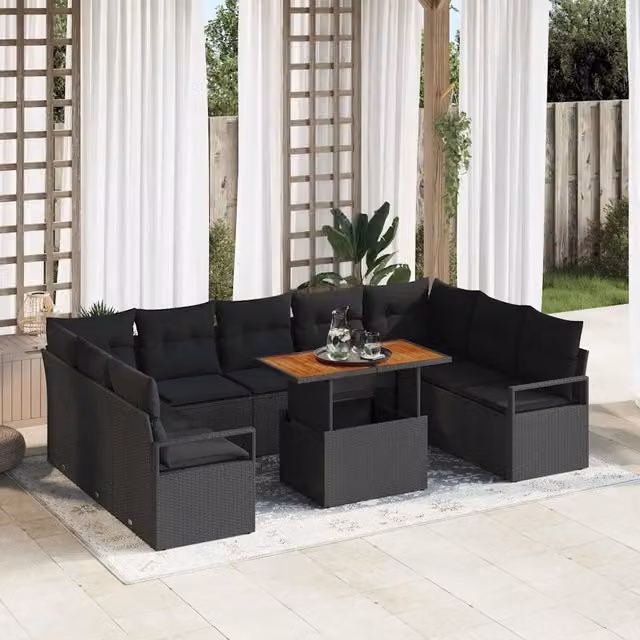 Set Divano da Giardino vidaXL a Forma a U in Rattan Nero con Cuscini e Tavolino da 10 Pezzi