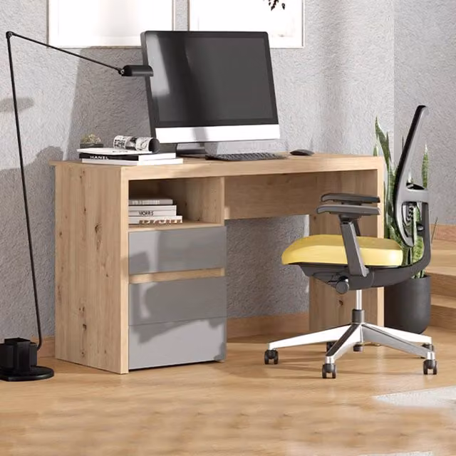 Scrivania moderna DMORA Flam in legno color rovere con 2 cassetti, L: 127 cm, P: 52 cm, H: 77 cm – 1