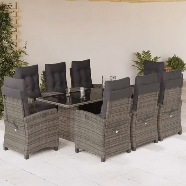 Set da pranzo da giardino vidaXL in polyrattan grigio con tavolo in vetro e 9 pezzi