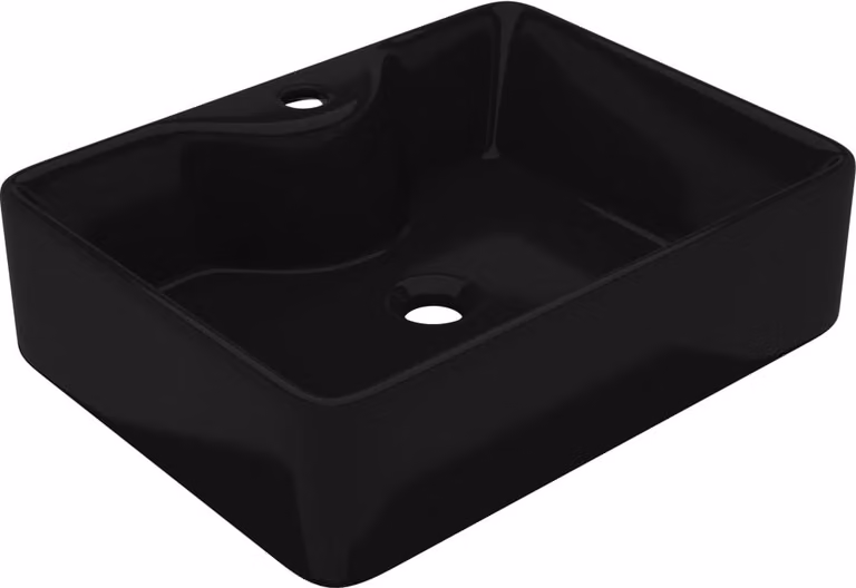 Lavandino Bagno in Vetroceramica Nera Quadrato con Foro per Rubinetto