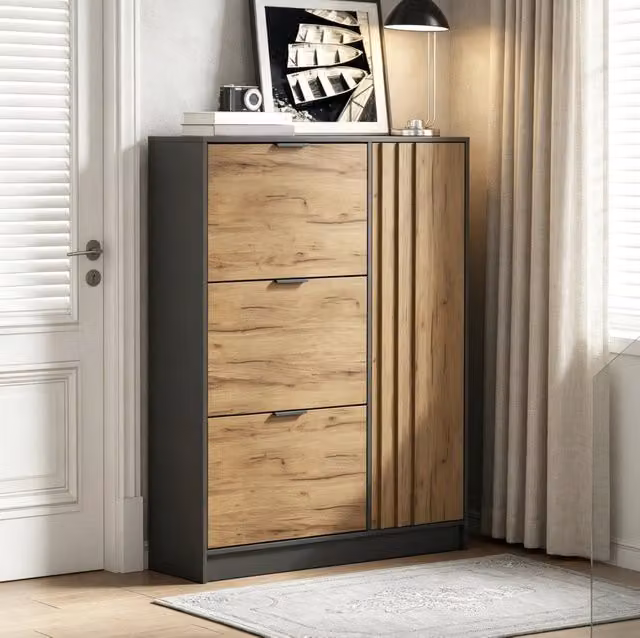 Scarpiera ULEVR 100x30x130 cm con 3 vani a ribalta e vano chiuso con anta, MDF naturale e nero