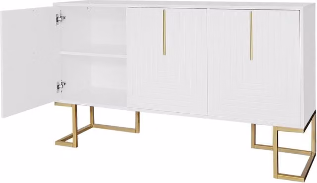 Sideboard moderno a 3 ante con ripiani regolabili, ante a forma di U, maniglie metalliche e base in metallo, bianco