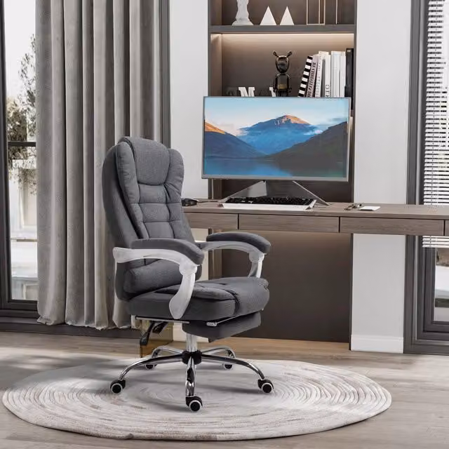 Sedia da ufficio girevole REDOM in tessuto grigio con poggiapiedi e braccioli, Altezza: 118 cm – 1